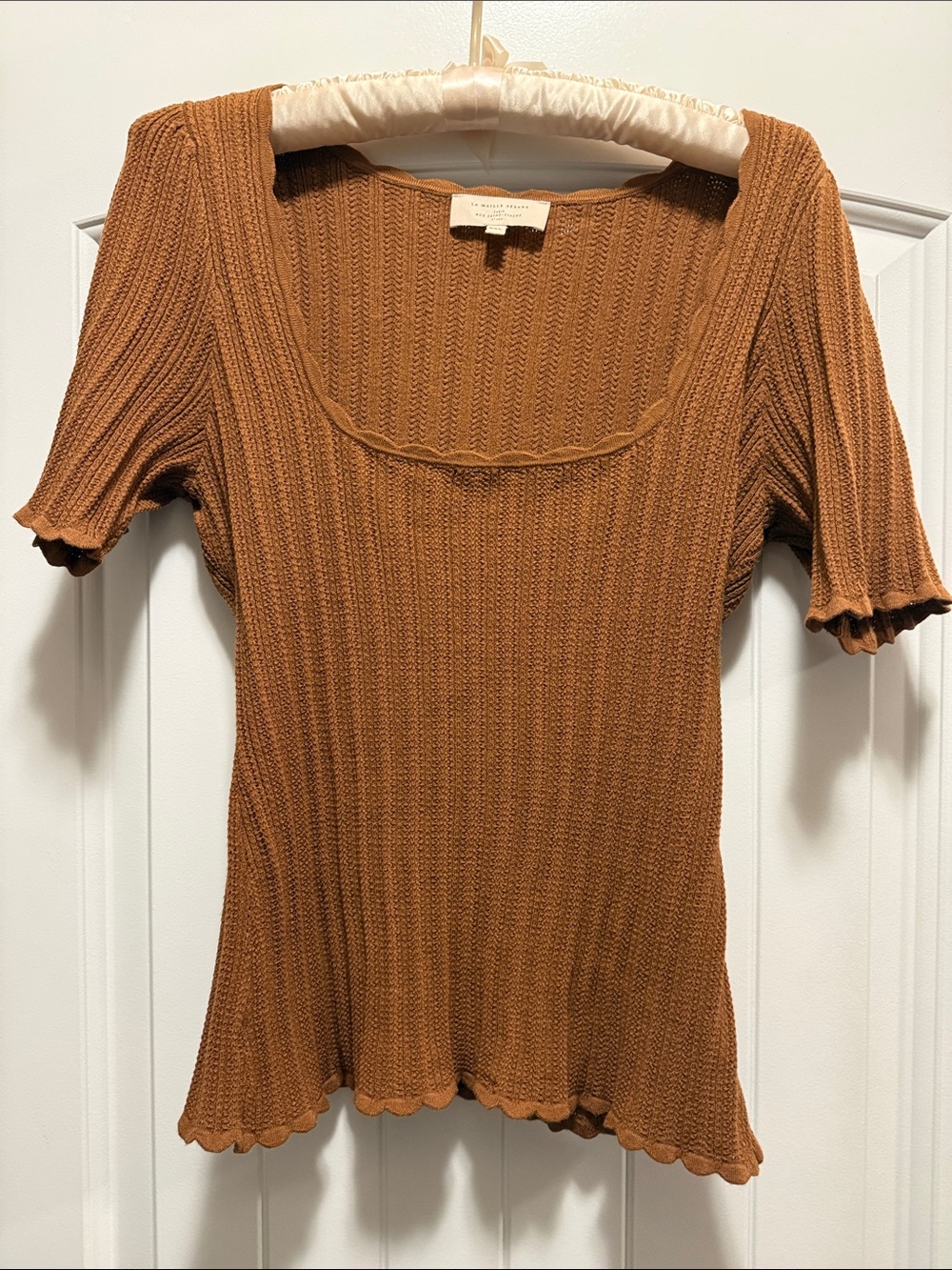 Sezane Ribbed Square-Neck Short Sleeve Top - Rust